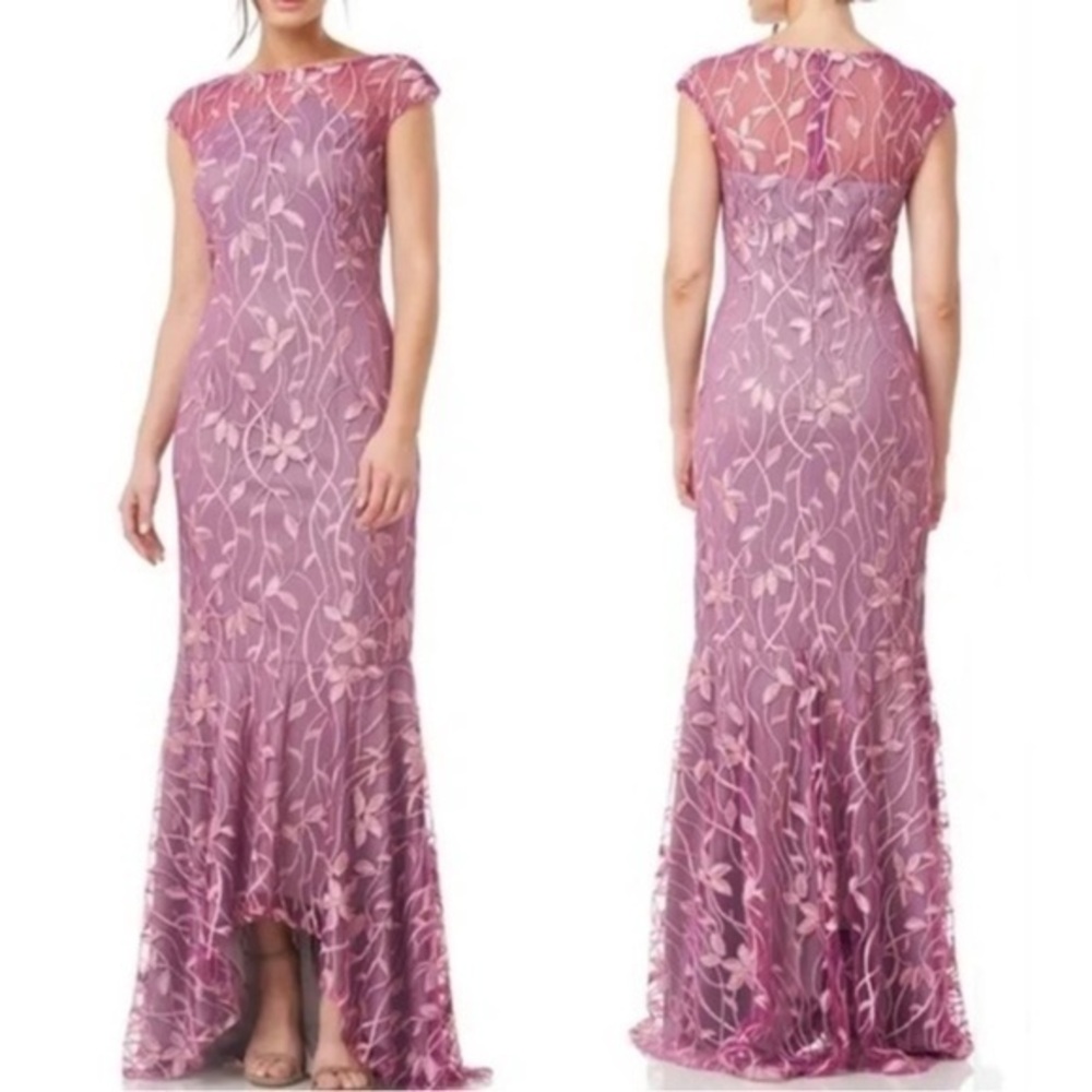 JS Collections Embroidered Cap Sleeve Floral High-Low Evening Gown in Pale Mauve